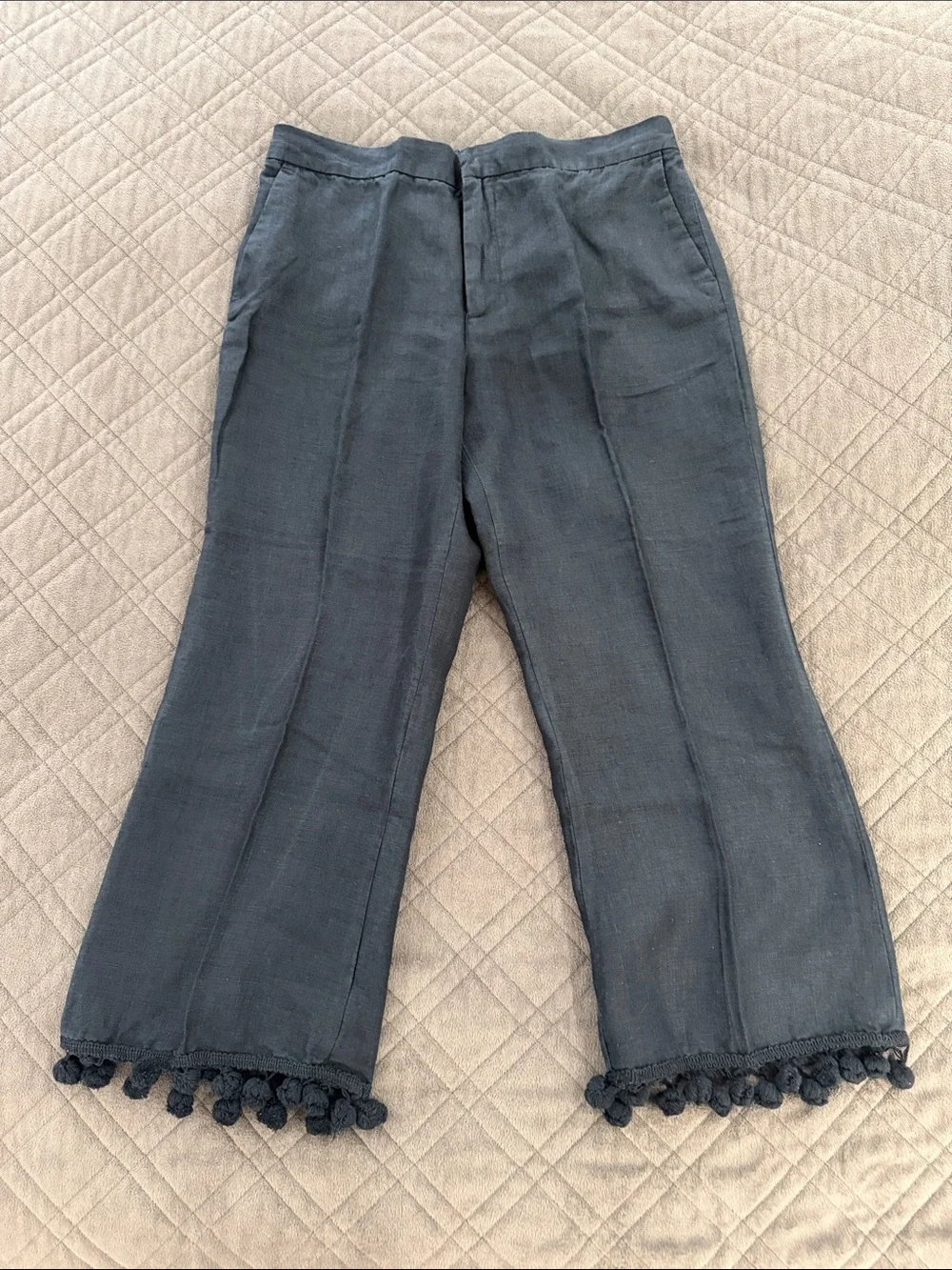 Zara Black Linen Trousers/Pants with Pom Trim size L
